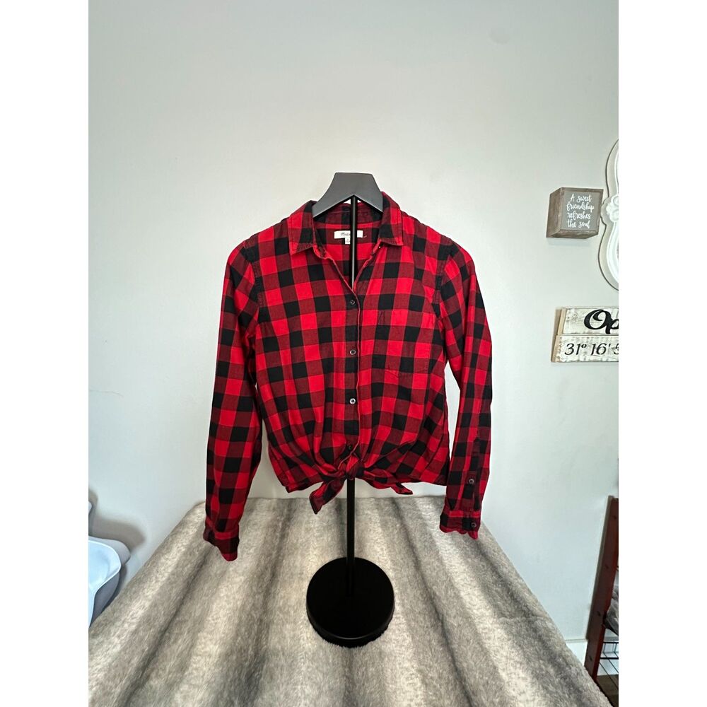 Madewell Women's Small Flannel Red & Black Buffalo Check Tie Waist Shirt